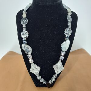 Handmade Black, Silver, Gray Beaded Necklace 22" Long